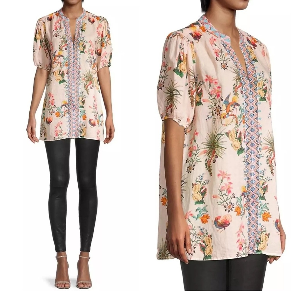 JOHNNY WAS Women's Blouse Tan Floral Embroidery V-neck Boho Cottagecore